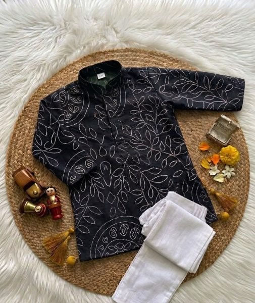 Revolutionary Black Boys Pure Gajji Silk Ajrakh Kurta Pant Set for Festive Wear Boys Wear
