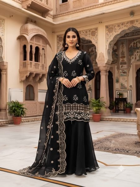 Revolutionary Black Burbury Kurti with Beads Embroidery and Full Flair Palazzo for Festival 