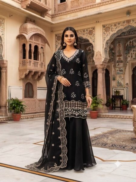 Revolutionary Black Burbury Kurti with Beads Embroidery and Full Flair Palazzo for Festival Ready To Wear Collection