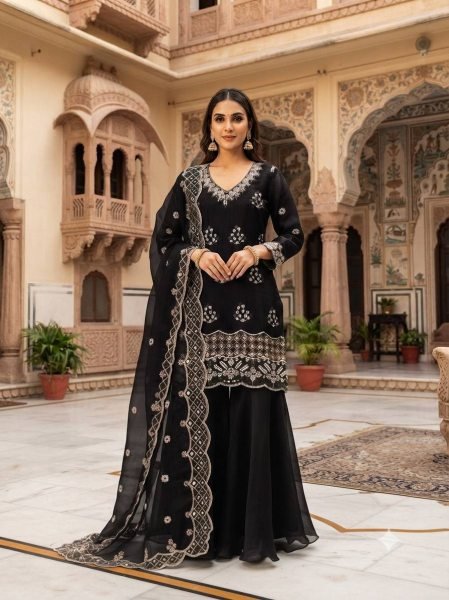Revolutionary Black Burbury Kurti with Beads Embroidery and Full Flair Palazzo for Festival Ready To Wear Collection