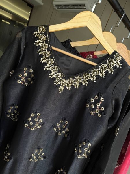 Revolutionary Black Burbury Kurti with Beads Embroidery and Full Flair Palazzo for Festival Ready To Wear Collection