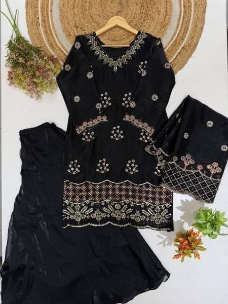Revolutionary Black Burbury Kurti with Beads Embroidery and Full Flair Palazzo for Festival Ready To Wear Collection