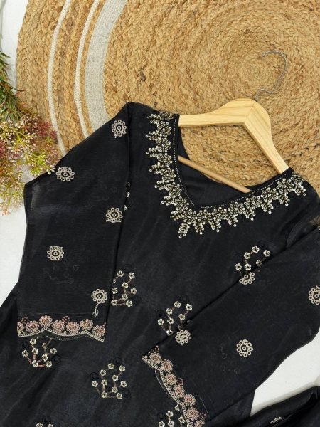 Revolutionary Black Burbury Kurti with Beads Embroidery and Full Flair Palazzo for Festival Ready To Wear Collection