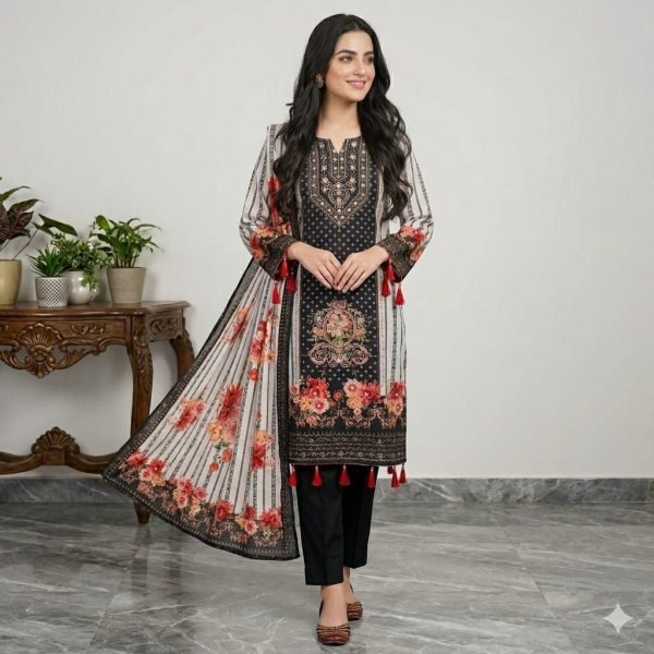 Revolutionary Black White Seemer Kurti Set with Mirror Golden Thread Embroidery Work Printed Kurtis
