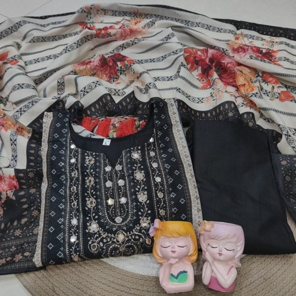 Revolutionary Black White Seemer Kurti Set with Mirror Golden Thread Embroidery Work Printed Kurtis