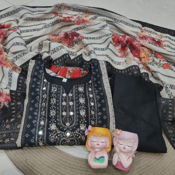 Revolutionary Black White Seemer Kurti Set with Mirror Golden Thread Embroidery Work Printed Kurtis