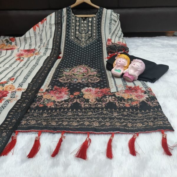 Revolutionary Black White Seemer Kurti Set with Mirror Golden Thread Embroidery Work Printed Kurtis