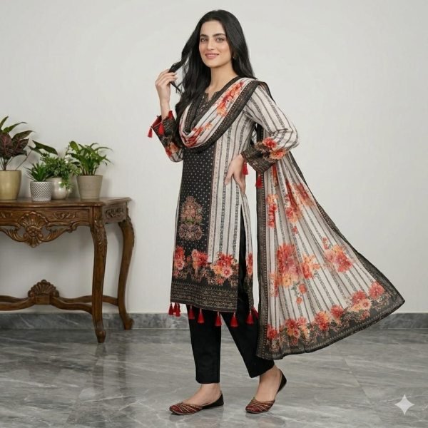 Revolutionary Black White Seemer Kurti Set with Mirror Golden Thread Embroidery Work Printed Kurtis
