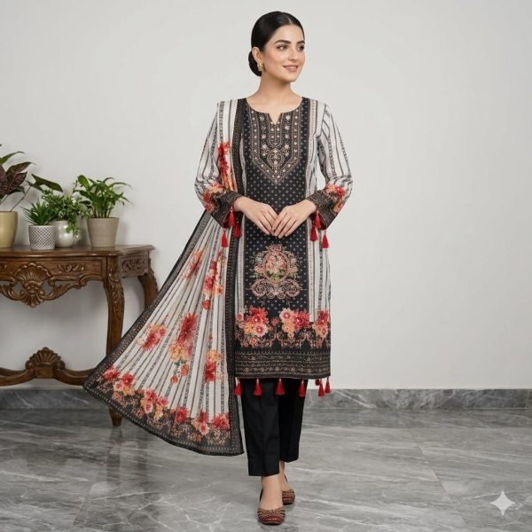 Revolutionary Black White Seemer Kurti Set with Mirror Golden Thread Embroidery Work Printed Kurtis