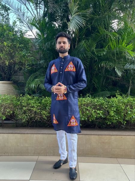 Revolutionary Blue Navratri Designer Cotton Kurta Pajama Set with Kutchi Patch and Lace Work