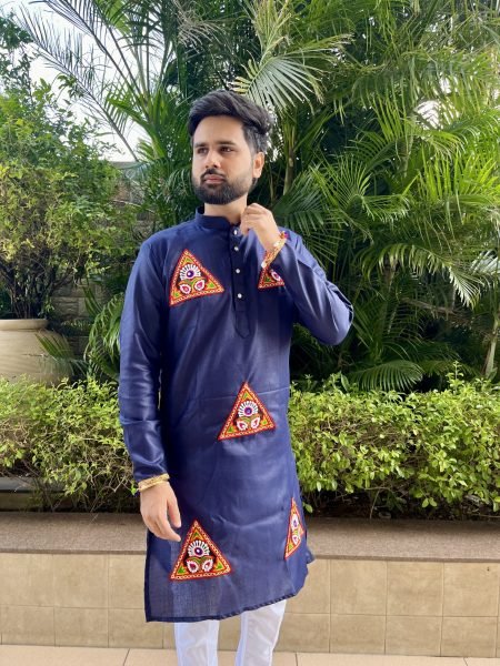 Revolutionary Blue Navratri Designer Cotton Kurta Pajama Set with Kutchi Patch and Lace Work Kurta Pajama Wholesale