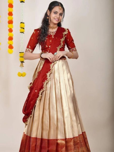Revolutionary Cream Kanjivaram Silk Lehenga Choli with Banarasi Dupatta For Festival  Lehenga