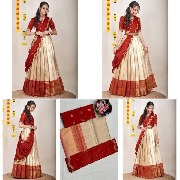 Revolutionary Cream Kanjivaram Silk Lehenga Choli with Banarasi Dupatta For Festival Half Saree Lehenga
