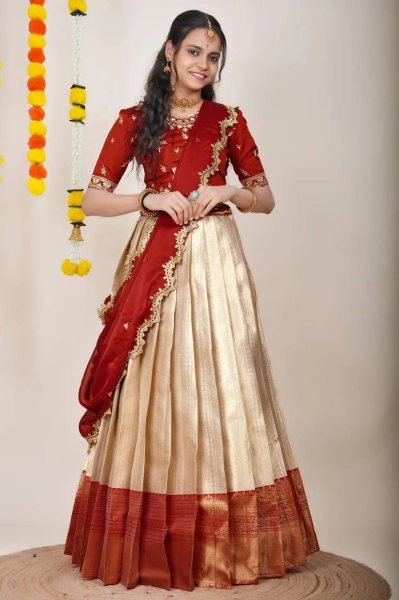 Revolutionary Cream Kanjivaram Silk Lehenga Choli with Banarasi Dupatta For Festival Half Saree Lehenga