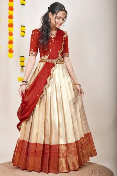 Revolutionary Cream Kanjivaram Silk Lehenga Choli with Banarasi Dupatta For Festival Half Saree Lehenga