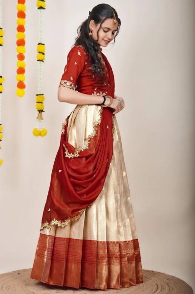 Revolutionary Cream Kanjivaram Silk Lehenga Choli with Banarasi Dupatta For Festival Half Saree Lehenga