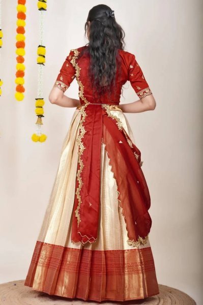 Revolutionary Cream Kanjivaram Silk Lehenga Choli with Banarasi Dupatta For Festival Half Saree Lehenga