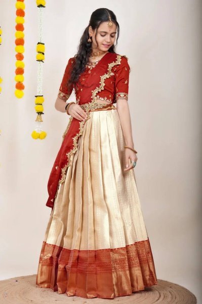 Revolutionary Cream Kanjivaram Silk Lehenga Choli with Banarasi Dupatta For Festival Half Saree Lehenga