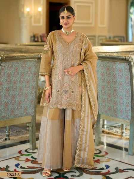 Revolutionary Golden Pure Viscose Kanjivaram Top Palazzo Dupatta Set at Wholesale Rate 