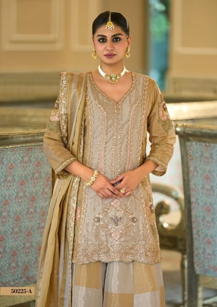 Revolutionary Golden Pure Viscose Kanjivaram Top Palazzo Dupatta Set at Wholesale Rate Designer Plazzo Salwar Suits Wholesale