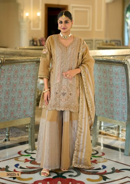 Revolutionary Golden Pure Viscose Kanjivaram Top Palazzo Dupatta Set at Wholesale Rate Designer Plazzo Salwar Suits Wholesale