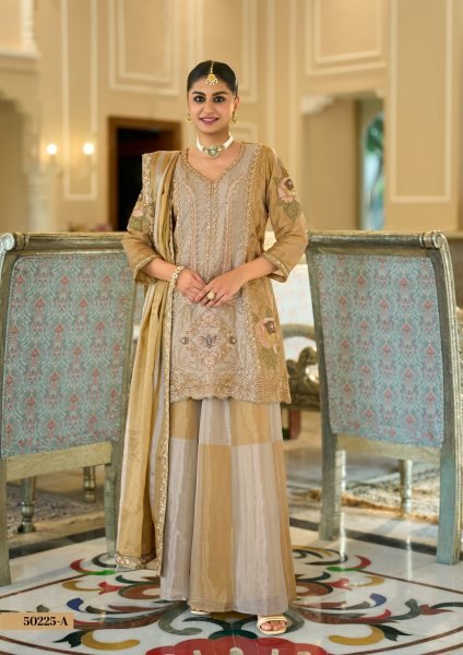 Revolutionary Golden Pure Viscose Kanjivaram Top Palazzo Dupatta Set at Wholesale Rate Designer Plazzo Salwar Suits Wholesale