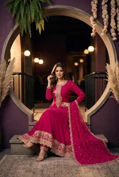 Revolutionary Hot Pink Premium Silk 3 Piece Suit Set with Rich Embroidered Work and Designer Dupatta Anarakali Gown Wholesale