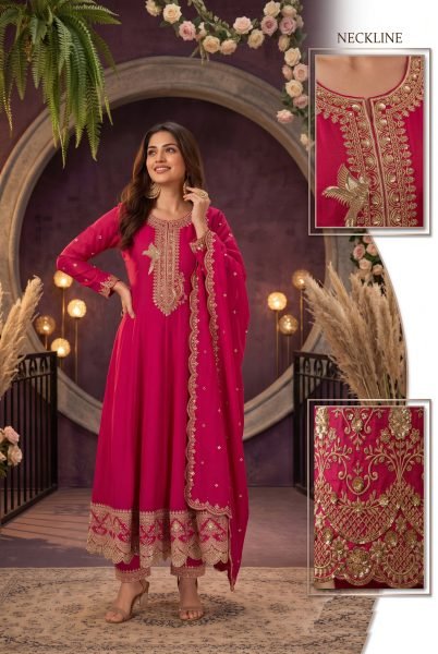 Revolutionary Hot Pink Premium Silk 3 Piece Suit Set with Rich Embroidered Work and Designer Dupatta Anarakali Gown Wholesale