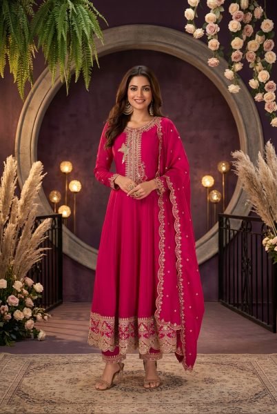 Revolutionary Hot Pink Premium Silk 3 Piece Suit Set with Rich Embroidered Work and Designer Dupatta Anarakali Gown Wholesale