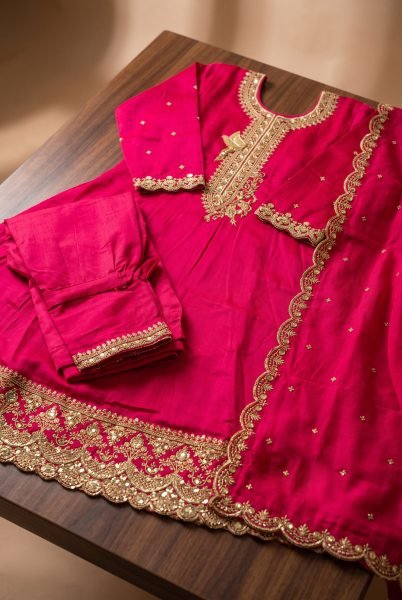 Revolutionary Hot Pink Premium Silk 3 Piece Suit Set with Rich Embroidered Work and Designer Dupatta Anarakali Gown Wholesale