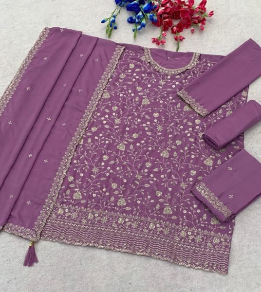Revolutionary Lavender Chinon Silk Salwar Suit with Embroidered Dupatta Designer Plazzo Salwar Suits Wholesale