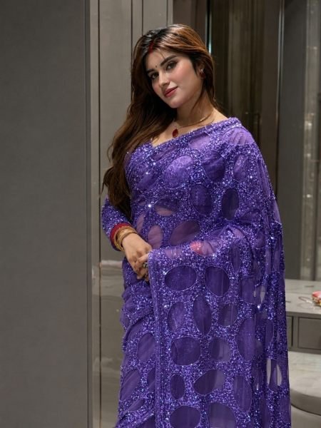 Revolutionary Lavender Designer Net Saree with Heavy Embroidered Front & Back Blouse 
