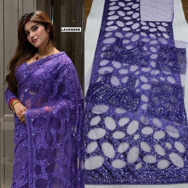 Revolutionary Lavender Designer Net Saree with Heavy Embroidered Front & Back Blouse Bollywood Fancy Sarees Wholesale