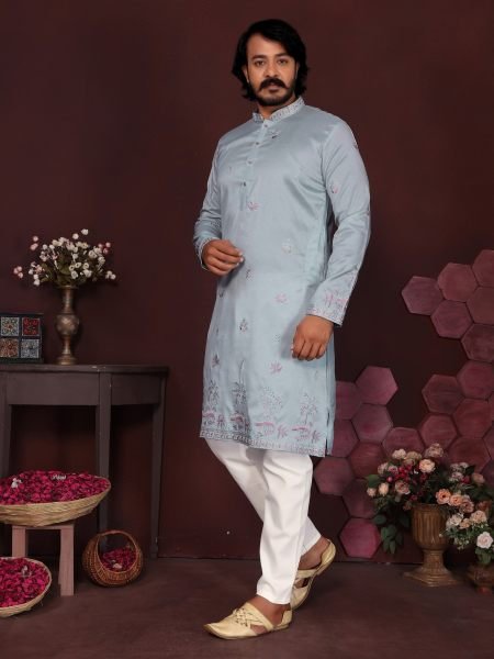 Revolutionary Light Blue Designer Smart Silk Kurta Pyjama Set for Men 