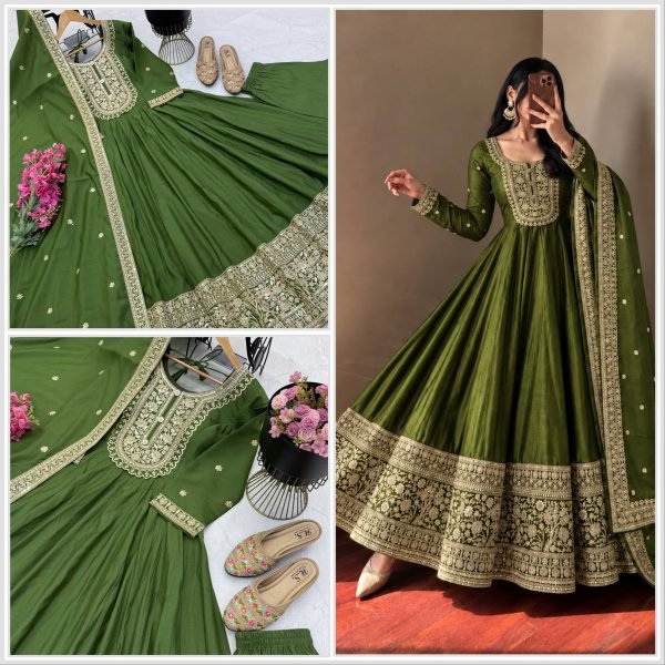 Revolutionary Mahendi Green Fully Stitched Heavy Roman Silk Gown Pant Dupatta Set Ready To Wear Collection