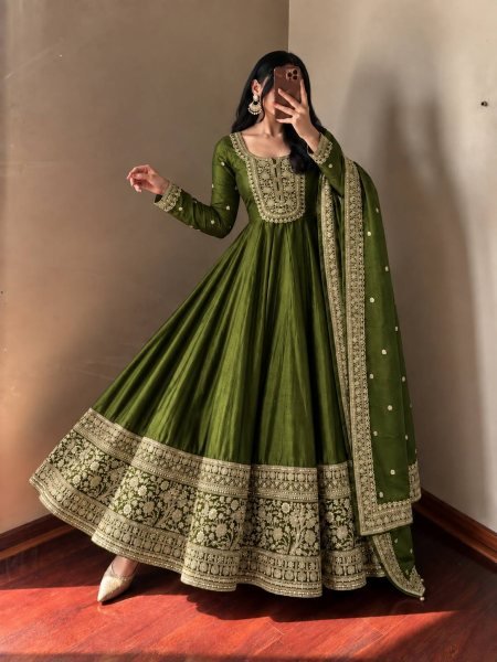Revolutionary Mahendi Green Fully Stitched Heavy Roman Silk Gown Pant Dupatta Set Ready To Wear Collection