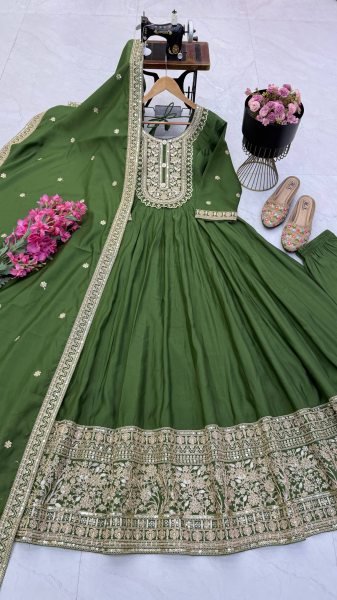 Revolutionary Mahendi Green Fully Stitched Heavy Roman Silk Gown Pant Dupatta Set Ready To Wear Collection