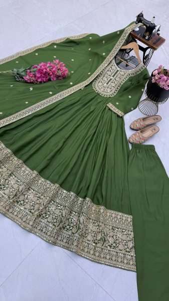Revolutionary Mahendi Green Fully Stitched Heavy Roman Silk Gown Pant Dupatta Set Ready To Wear Collection