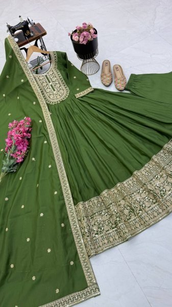 Revolutionary Mahendi Green Fully Stitched Heavy Roman Silk Gown Pant Dupatta Set Ready To Wear Collection