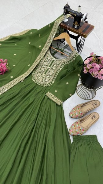 Revolutionary Mahendi Green Fully Stitched Heavy Roman Silk Gown Pant Dupatta Set Ready To Wear Collection