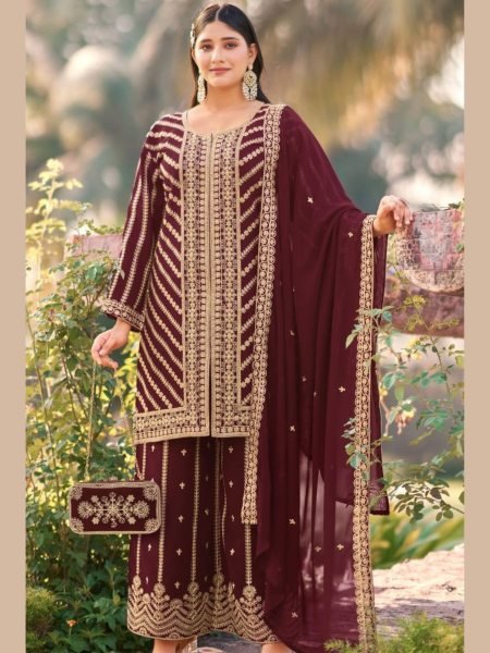 Revolutionary Maroon Georgette Sequins Embroidery Suit Set for Wedding Functions Salwar Kameez