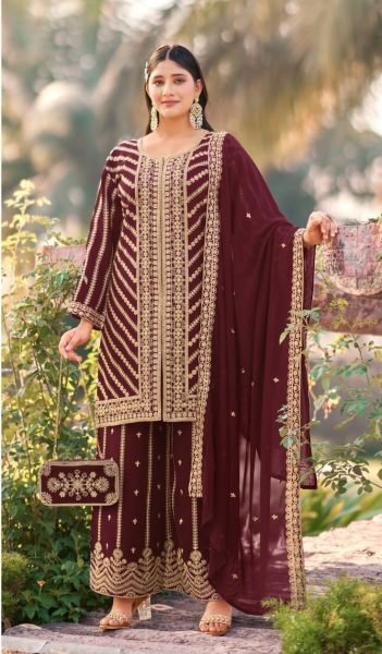 Revolutionary Maroon Georgette Sequins Embroidery Suit Set for Wedding Functions Designer Plazzo Salwar Suits Wholesale