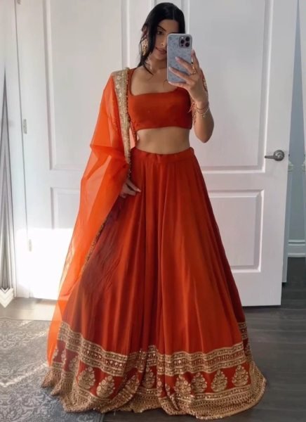 Revolutionary Orange Faux Georgette Lehenga Choli with Zari Sequins Embroidery for Wedding Wear Designer Lehenga Choli