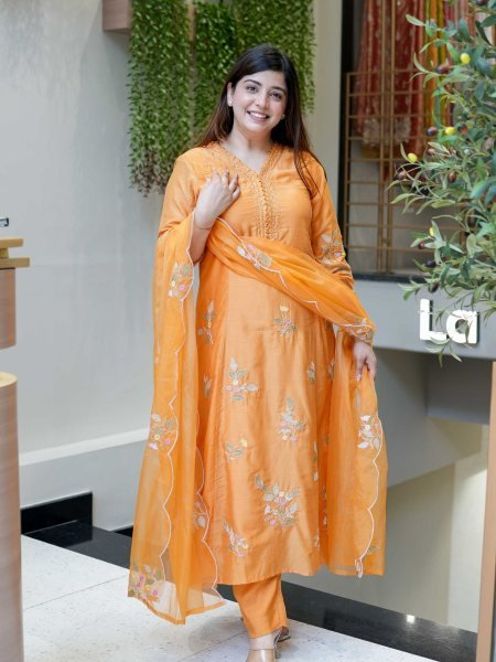 Revolutionary Orange Muslin Kurti Pant Dupatta Set with Embroidery Work Kurtis