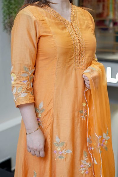 Revolutionary Orange Muslin Kurti Pant Dupatta Set with Embroidery Work Embroidery Kurtis 