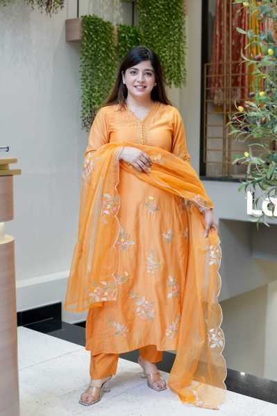 Revolutionary Orange Muslin Kurti Pant Dupatta Set with Embroidery Work Embroidery Kurtis 
