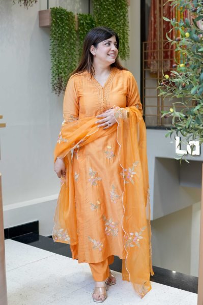 Revolutionary Orange Muslin Kurti Pant Dupatta Set with Embroidery Work Embroidery Kurtis 