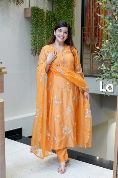 Revolutionary Orange Muslin Kurti Pant Dupatta Set with Embroidery Work Embroidery Kurtis 