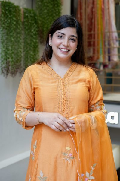 Revolutionary Orange Muslin Kurti Pant Dupatta Set with Embroidery Work Embroidery Kurtis 