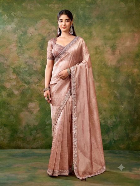 Revolutionary Peach Tissue Organza Saree with Exclusive Fancy Work Readymade Blouse